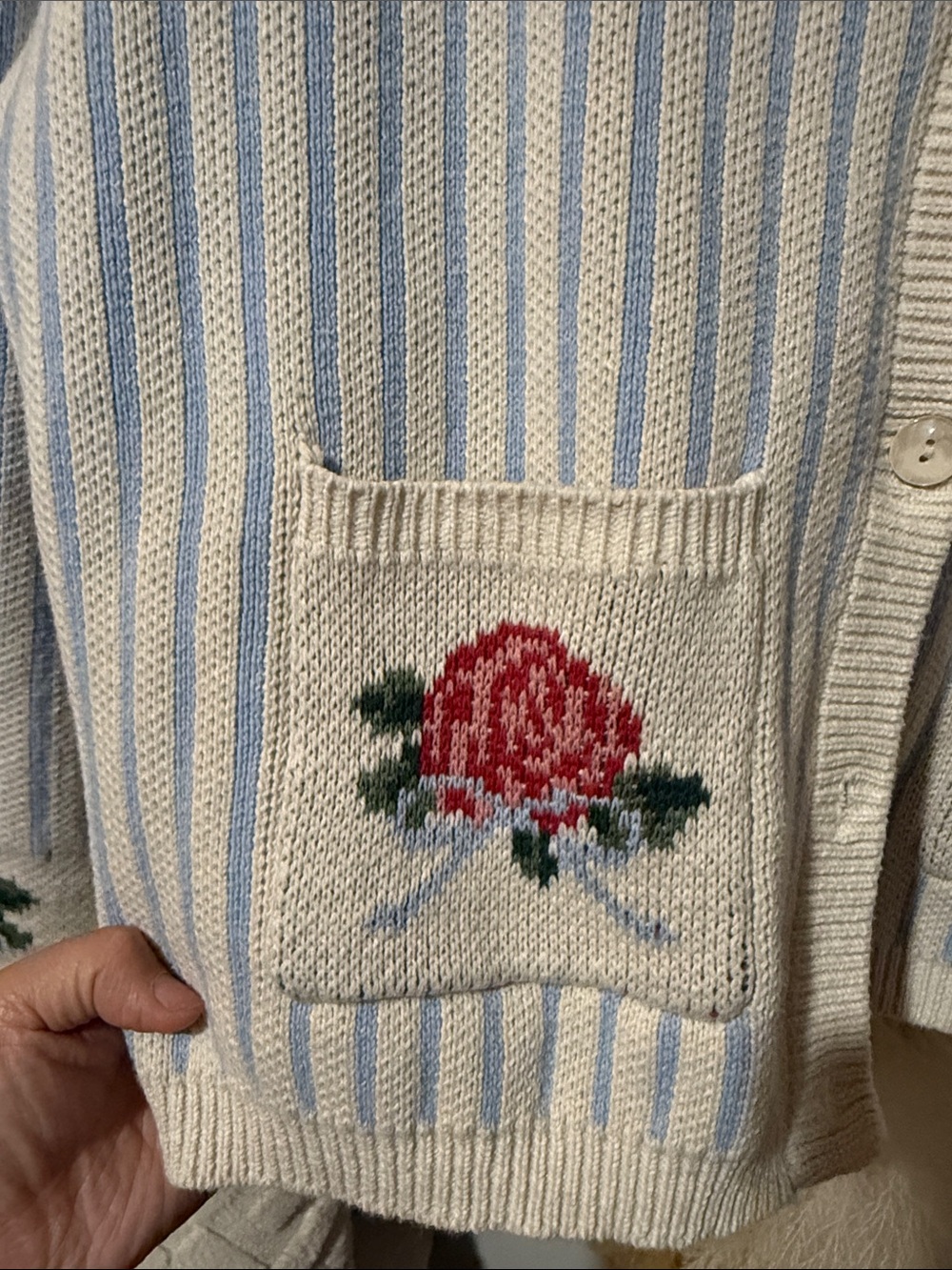 Le Lis Cream and Light Blue Striped Cardigan with Rose Pocket Embroidery - Picture 3 of 5